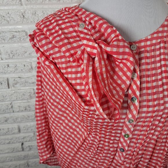 Ruby Rd Women Top 1X Plus Tunic Red Gingham Check Semi Sheer Pintuck PLA27E - Picture 5 of 9